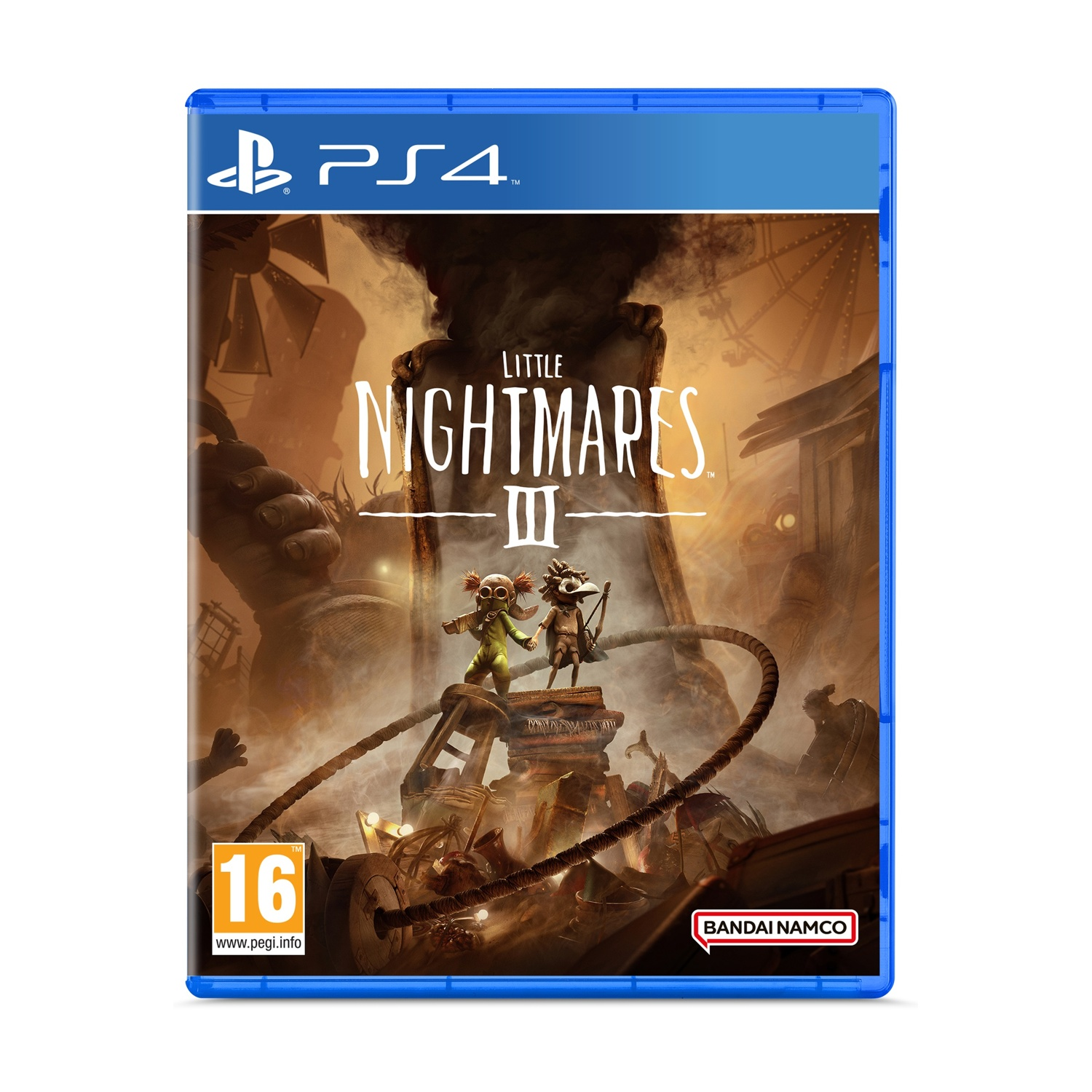 Copertina del gioco Little Nightmares III per PS4. Due personaggi sono su una struttura. Lo sfondo include una sagoma scura e degli edifici.