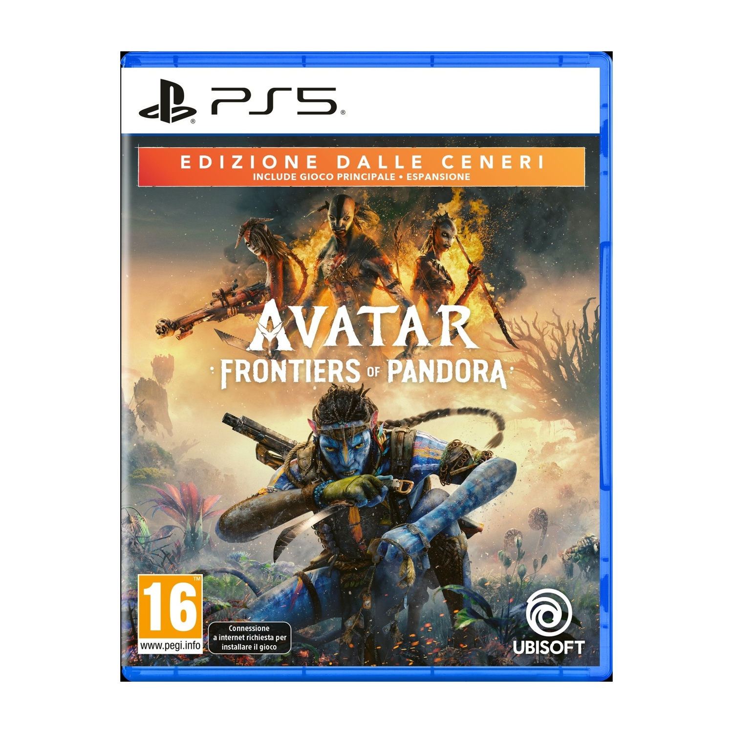 Avatar: Frontiers of Pandora oyununun kapağı. Mavi tenli Na'vi savaşçısı, silahlı diğer Na'vi figürleri ve PS5 logosu.