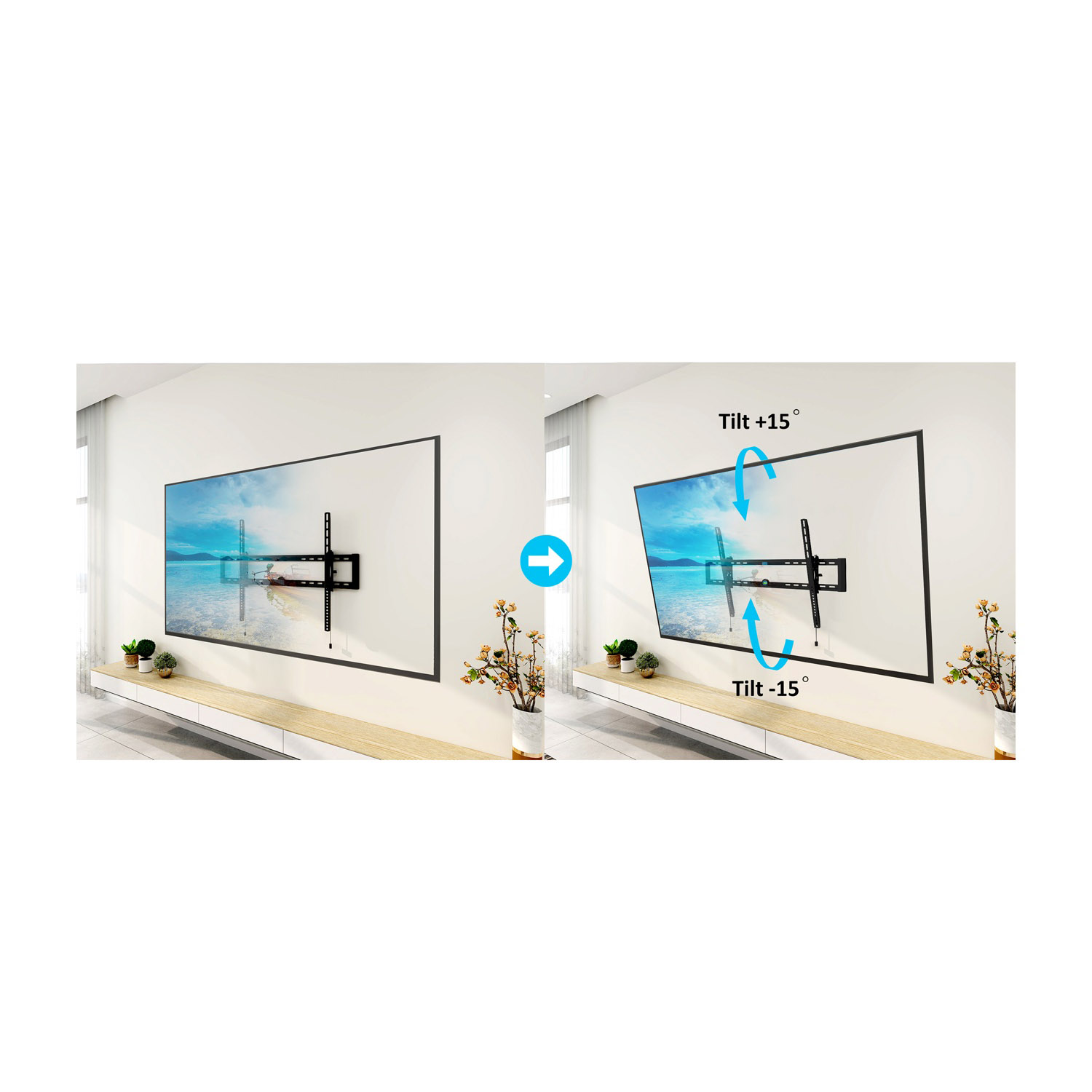Das Bild zeigt die TV-Montage. Links zeigt einen geraden Fernseher, rechts einen geneigten Fernseher mit den Beschriftungen Tilt +15° und -15°.