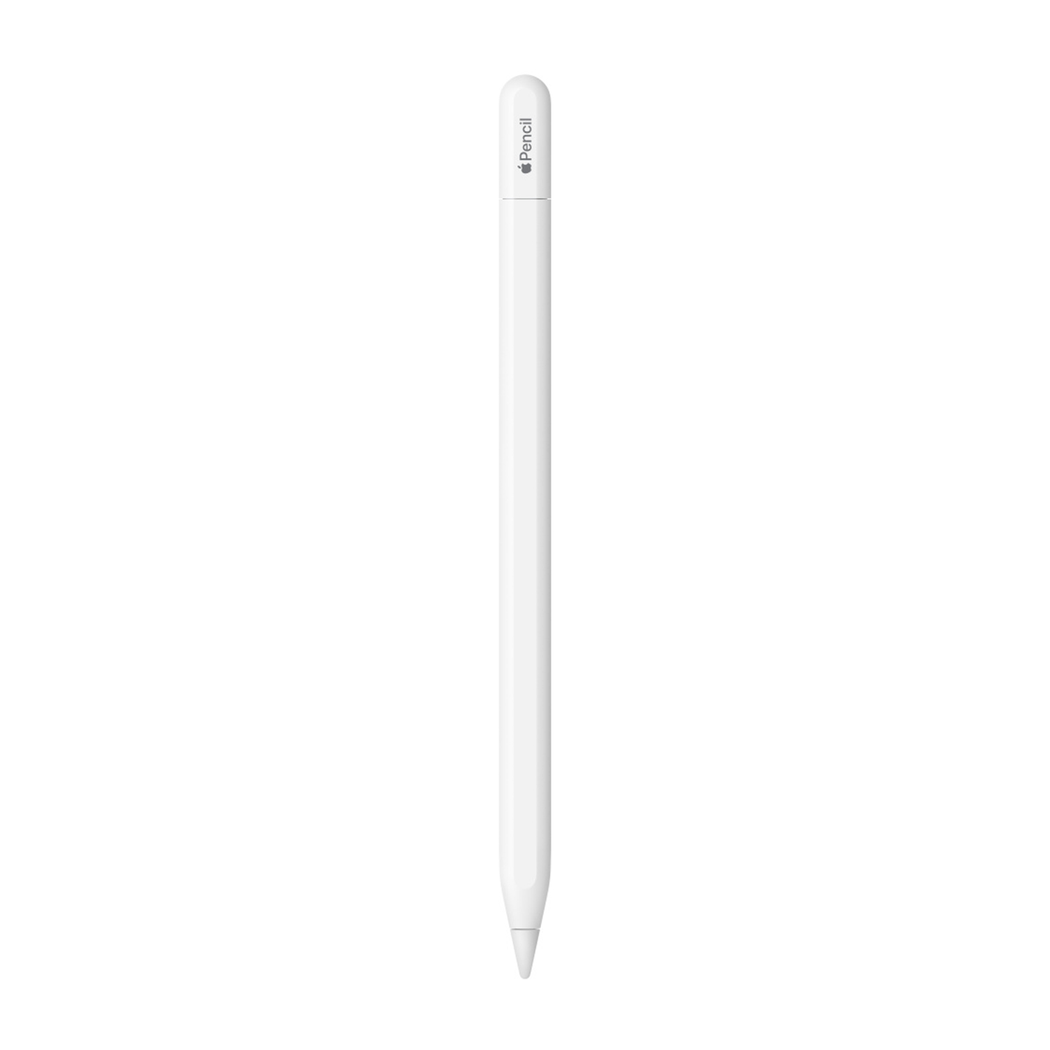 Biały Apple Pencil stoi pionowo na białym tle. Końcówka ołówka skierowana jest w dół.