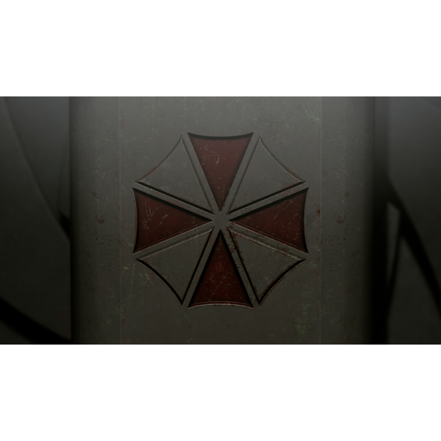 Zbliżenie ściany z logo Umbrella Corporation: czerwony i szary parasol w kształcie sześciokąta. Tło jest ciemne.