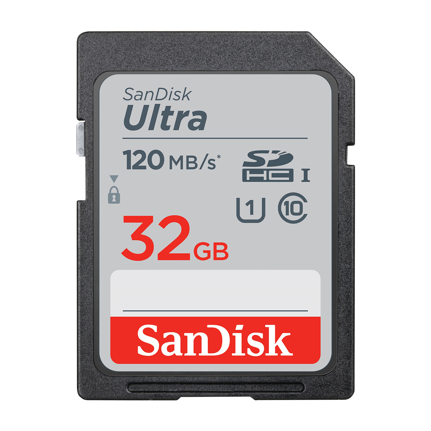 Eine SanDisk Ultra SD-Karte. Sie ist schwarz und grau, mit roter und weißer Schrift, die 32 GB Kapazität und 120 MB/s Geschwindigkeit angibt.
