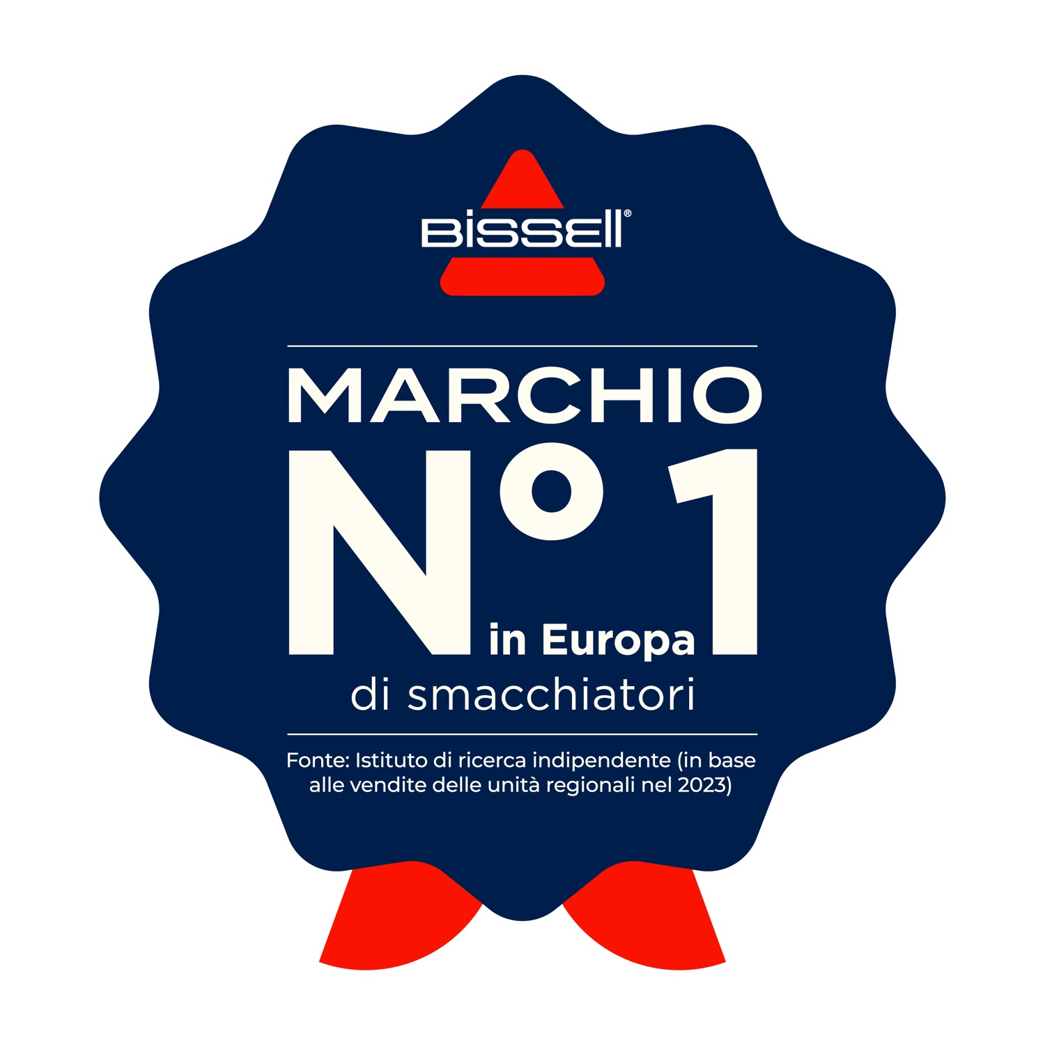 Insignia azul marino con texto blanco, 'MARCHIO N° 1 in Europa di smacchiatori'. Logotipo y cintas rojas de Bissell. Fuente: Ventas de 2023.