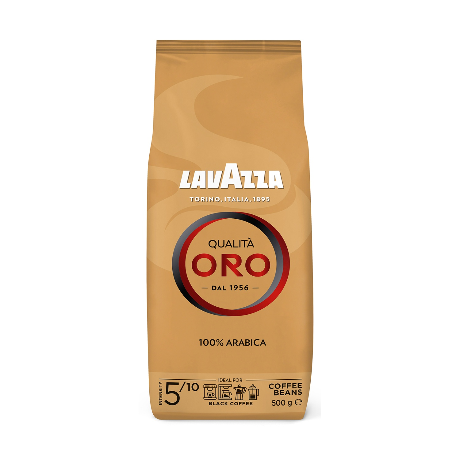 Un sacchetto di caffè Lavazza Qualità Oro. Ha il marchio e i dettagli, con '100% Arabica' e '500 g e'. L'intensità è indicata come 5/10.