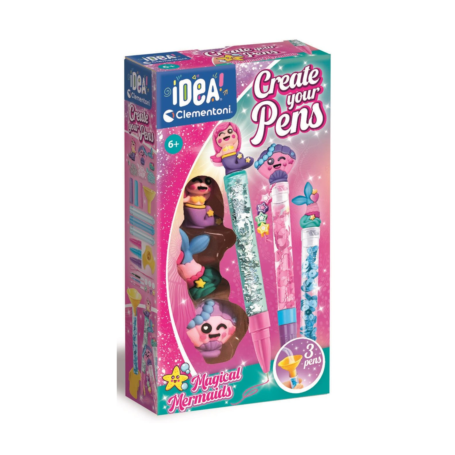 Una scatola di 'Crea le tue penne' con decorazioni a forma di sirena. Contiene 3 penne, rosa e verde acqua, con glitter. La scatola è rosa e verde acqua.