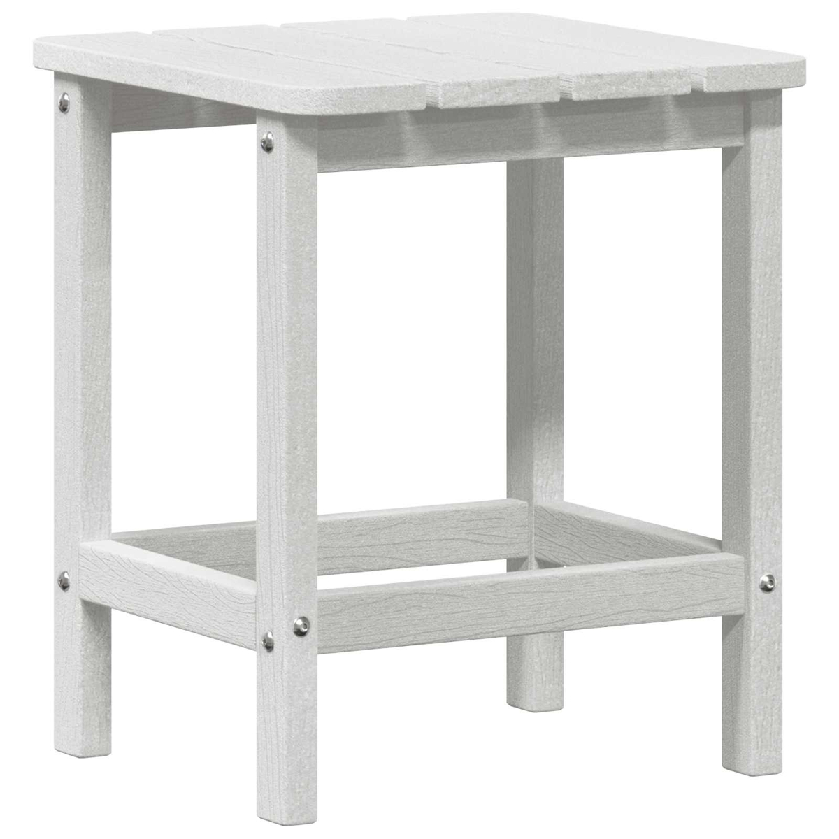 Ein weißer quadratischer Beistelltisch. Er hat eine Lattenoberseite und besteht aus holzähnlichem Material, mit sichtbaren Schrauben.