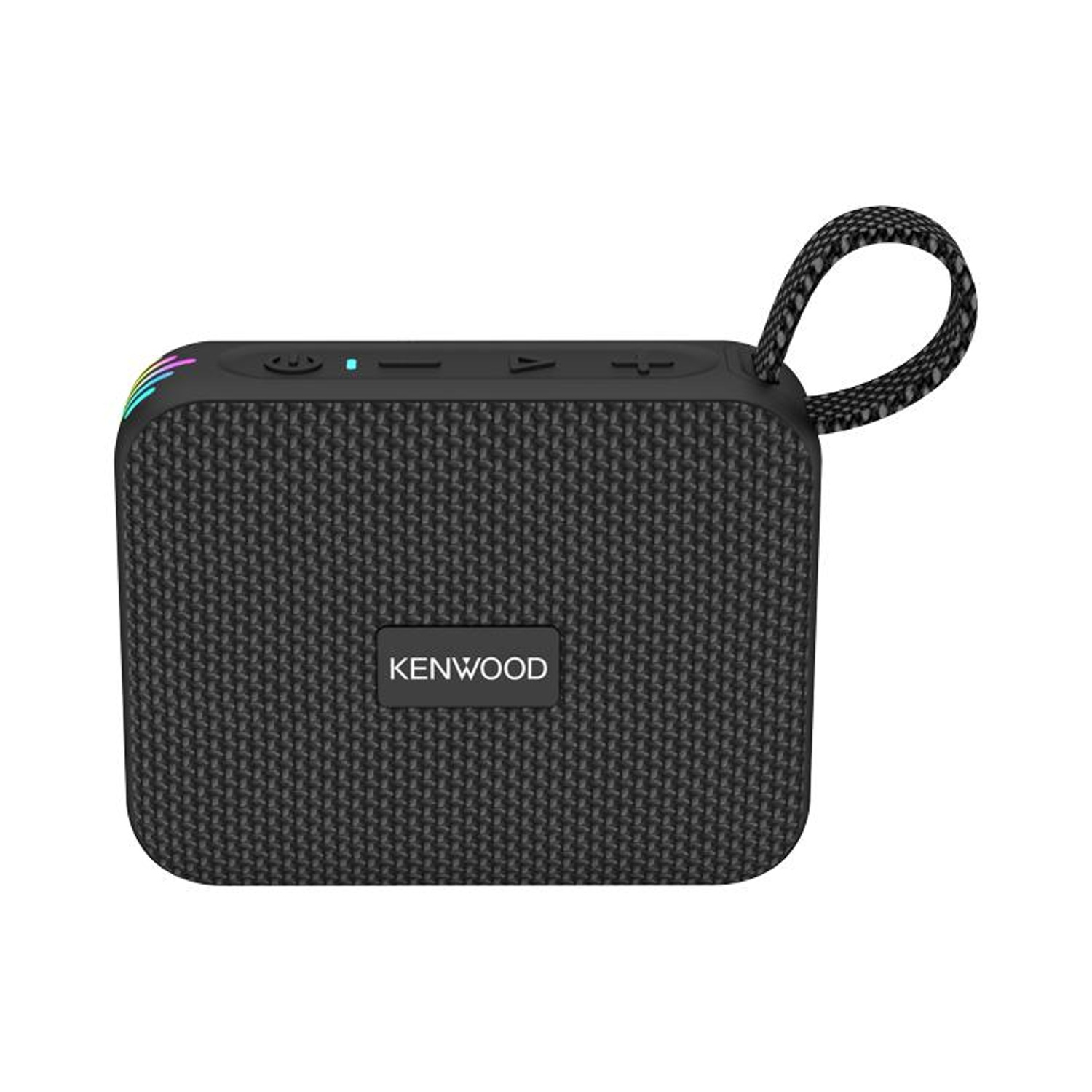 Ein tragbarer Kenwood-Lautsprecher. Er ist schwarz, hat eine strukturierte Oberfläche, eine Trageschlaufe und Bedienelemente oben.