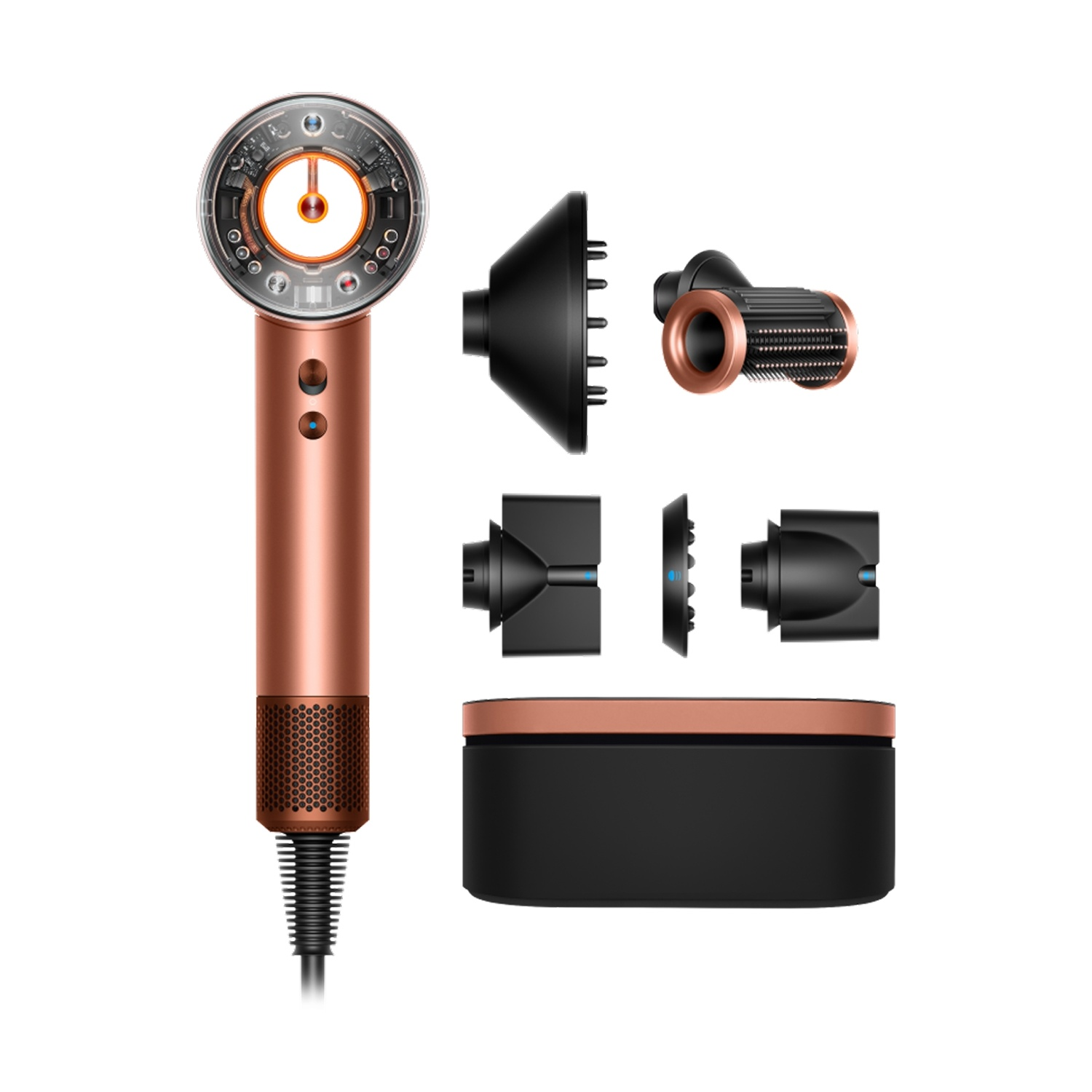 Suszarka do włosów w kolorze różowego złota i czarnym z kilkoma nasadkami. Obecna jest również czarna podstawa i czarny kabel.