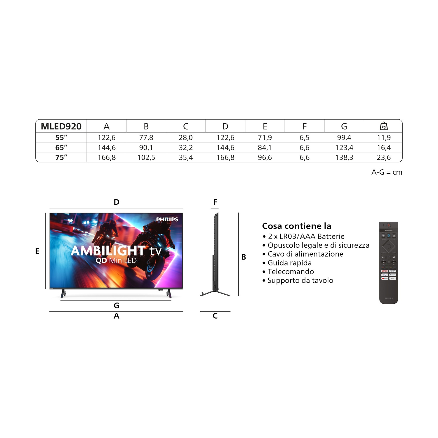 Telewizor Philips Ambilight z tabelą wymiarów, pilotem i opisem akcesoriów.