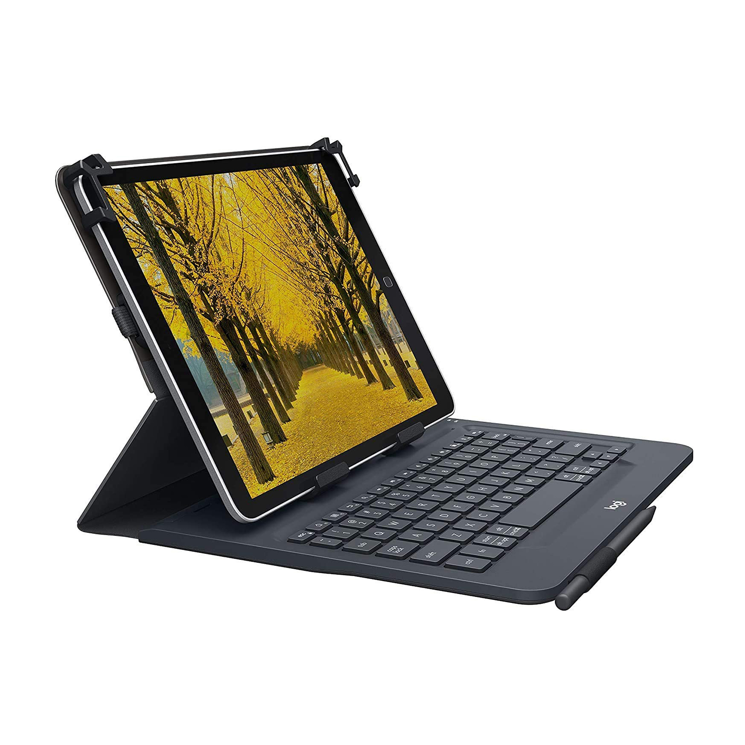 Tablet mit Tastatur. Der Bildschirm zeigt eine gelbe Herbststraße mit Bäumen. Die Tastatur ist schwarz, mit Stift.