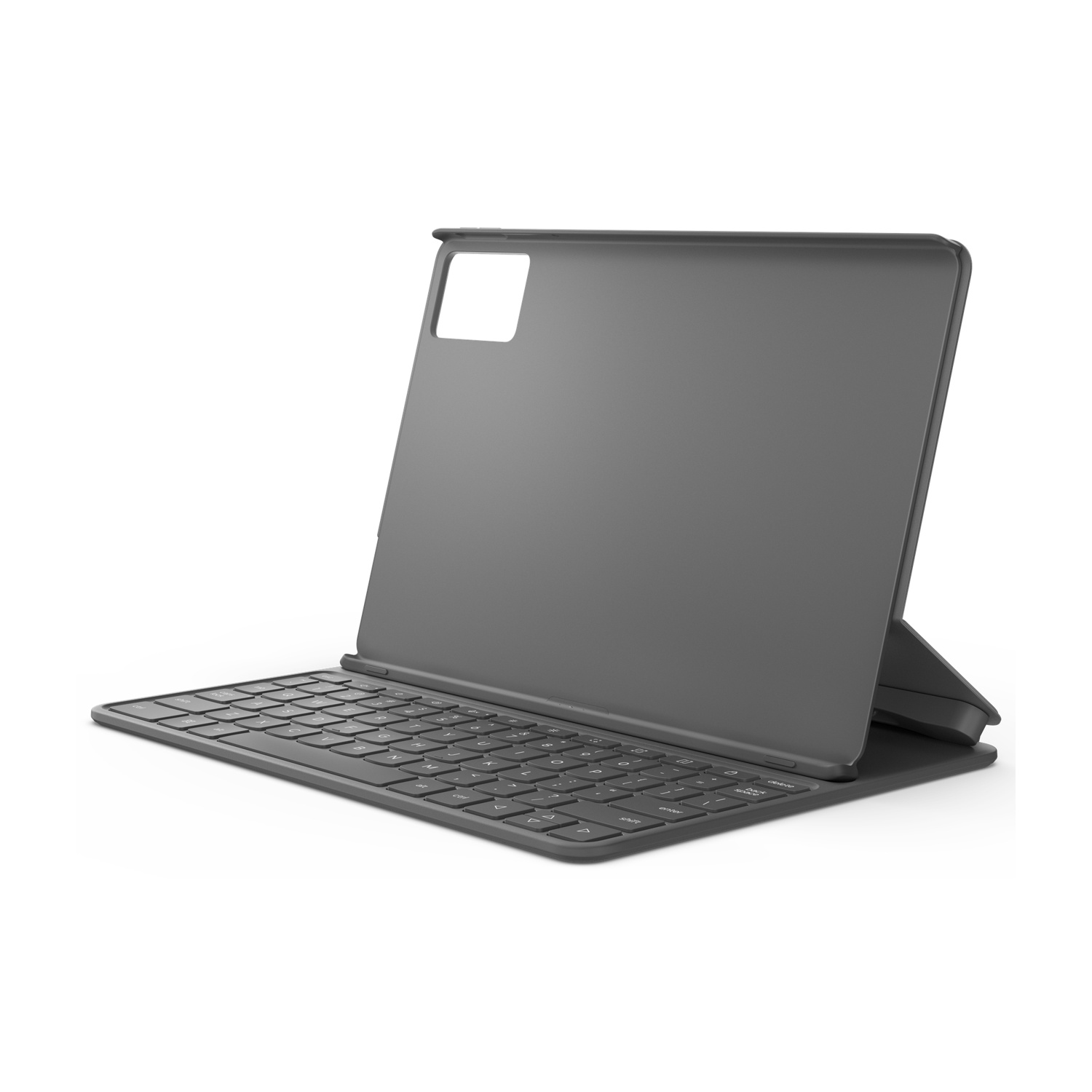 Eine graue Tablet-Tastaturhülle, geöffnet. Die Tastatur befindet sich im Vordergrund, die Tablet-Halterung im Hintergrund.