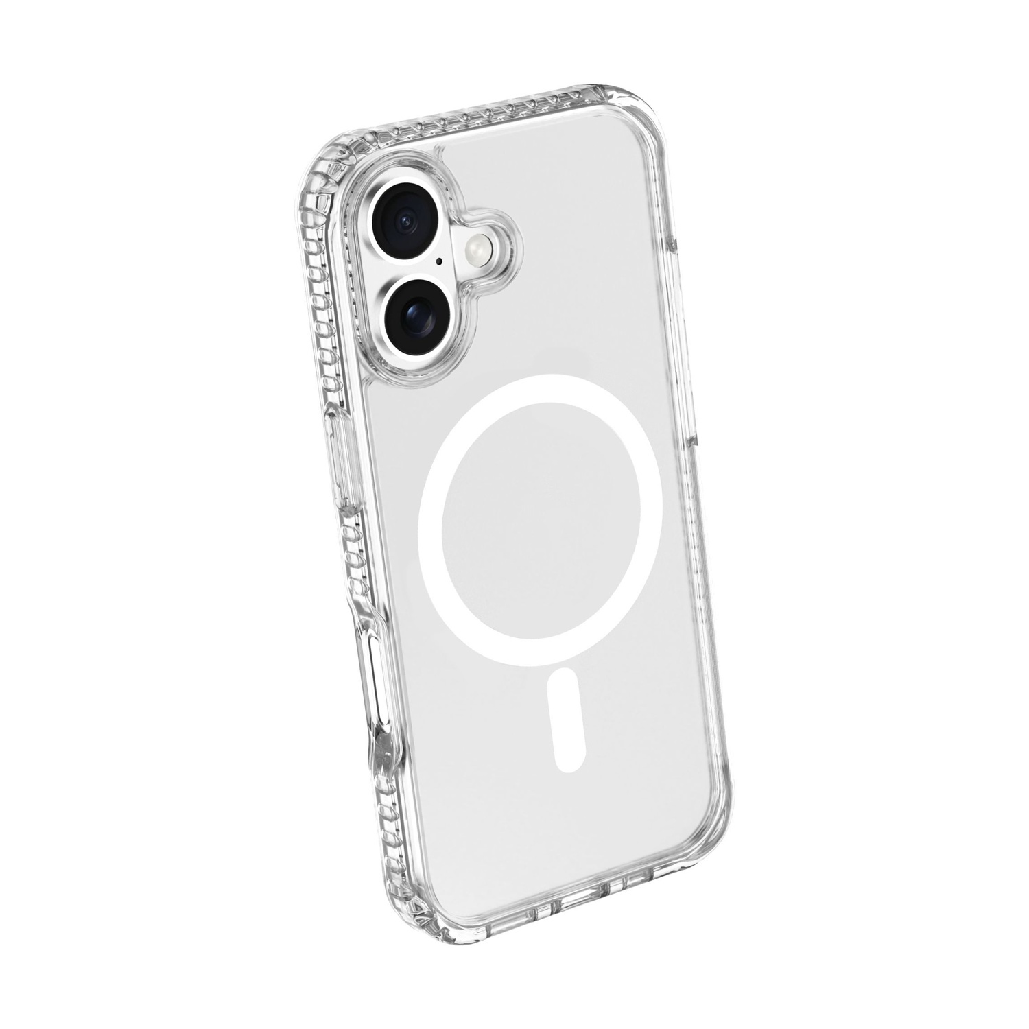 Transparente Handyhülle für iPhone. Es hat einen Kameraausschnitt, einen weißen Kreis und einen Balken. Es besteht aus transparentem Kunststoff.