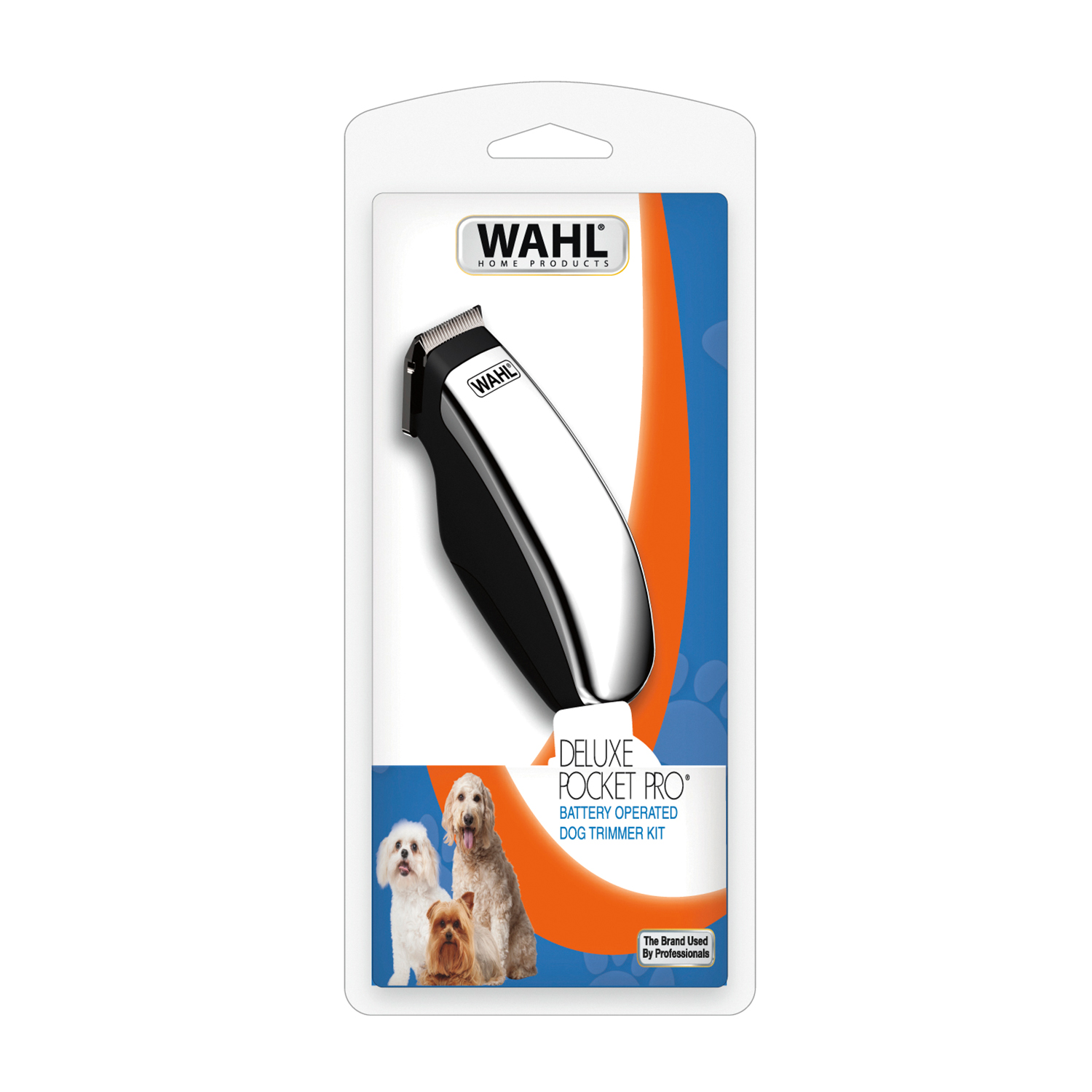 Ein Wahl Deluxe Pocket Pro Hunde-Trimmer-Kit in der Verpackung. Es enthält den Trimmer, das Markenlogo und Bilder von Hunden.