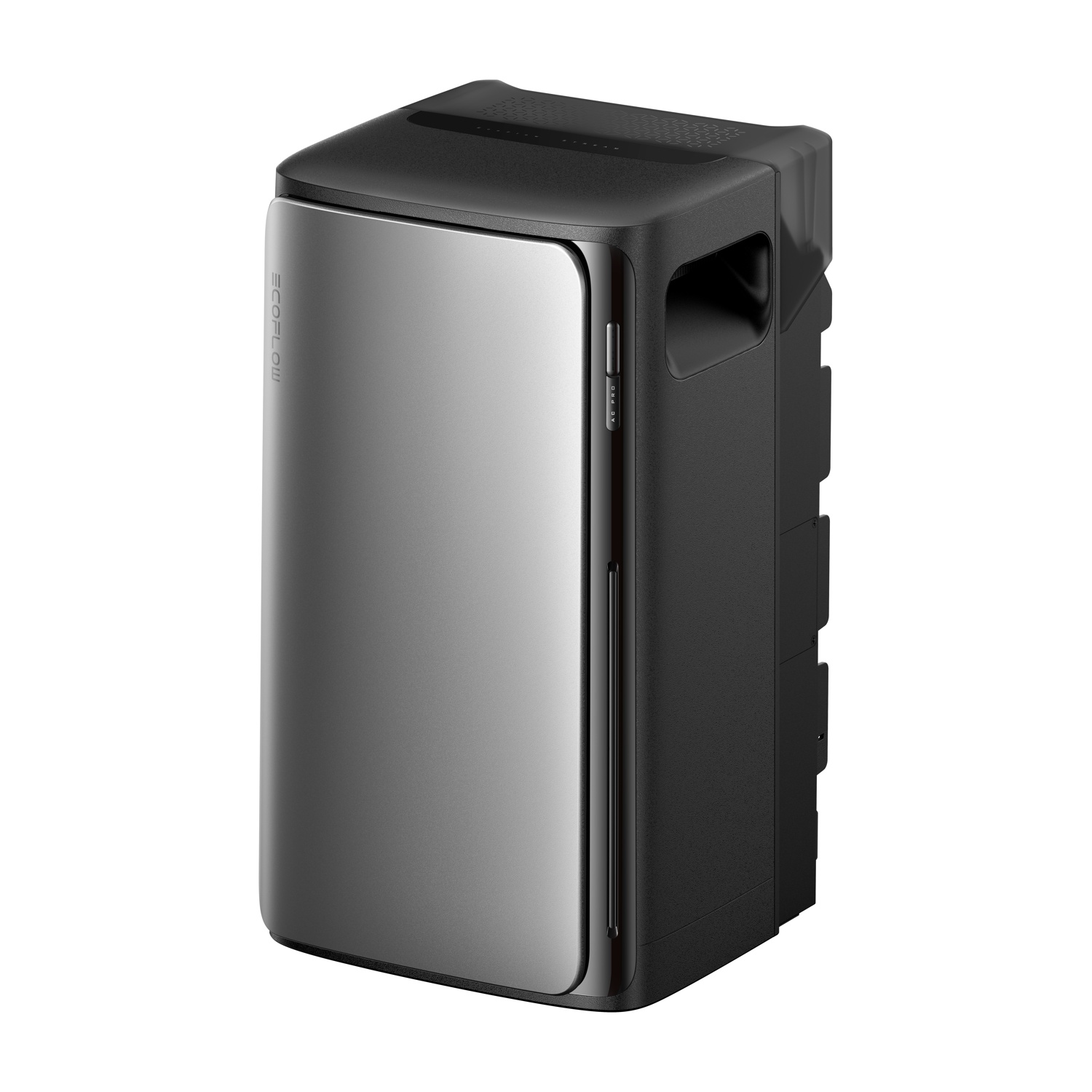 Czarno-srebrna przenośna lodówka. Drzwi są srebrne, a korpus czarny. Na drzwiach widoczna jest nazwa marki ECOFLOW.