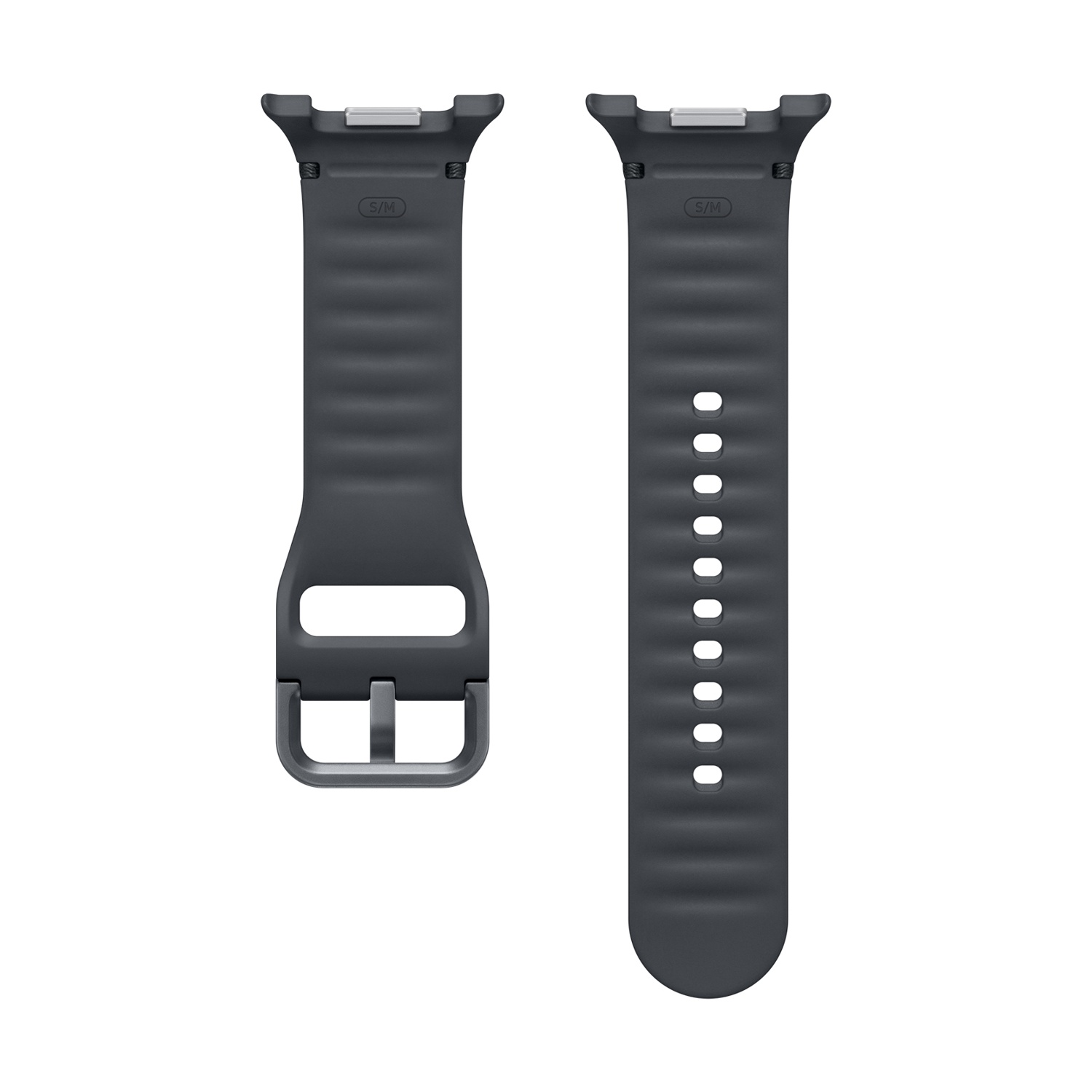Dos correas de reloj grises oscuras. Una tiene una hebilla, la otra tiene agujeros. Ambas están sobre un fondo blanco.