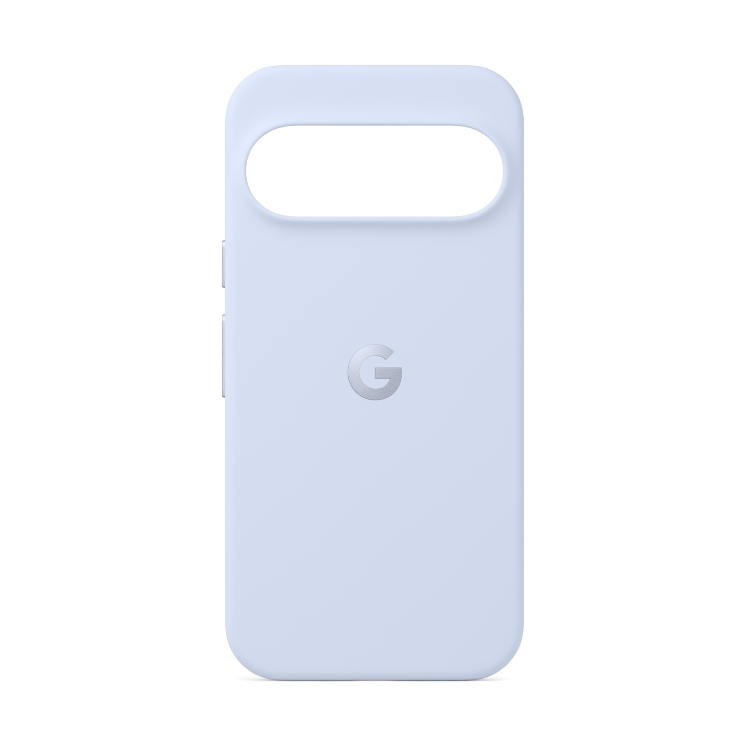 Eine hellblaue Handyhülle mit großem Kameraausschnitt. Sie hat das Google 'G'-Logo. Der Hintergrund ist weiß.