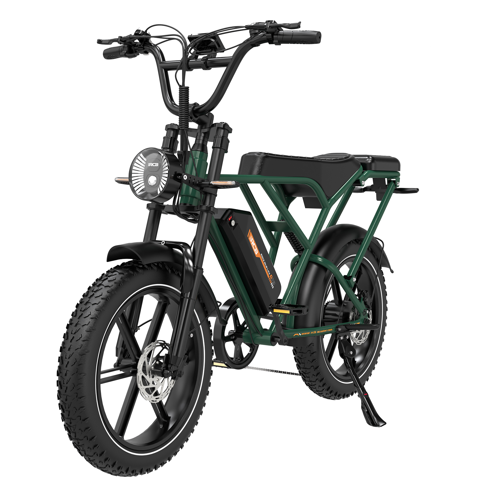 Grünes und schwarzes Elektrofahrrad mit großem Vorderrad, rundem Scheinwerfer und schwarzem Sitz vor weißem Hintergrund.