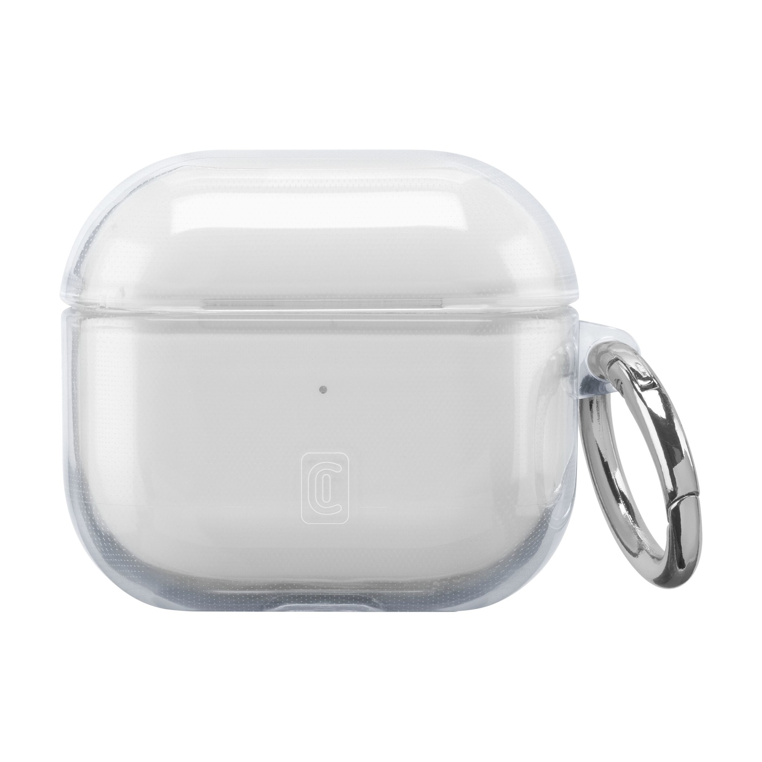 Przezroczyste etui na AirPods ze srebrnym karabińczykiem. Etui jest zamknięte i ma małe logo.