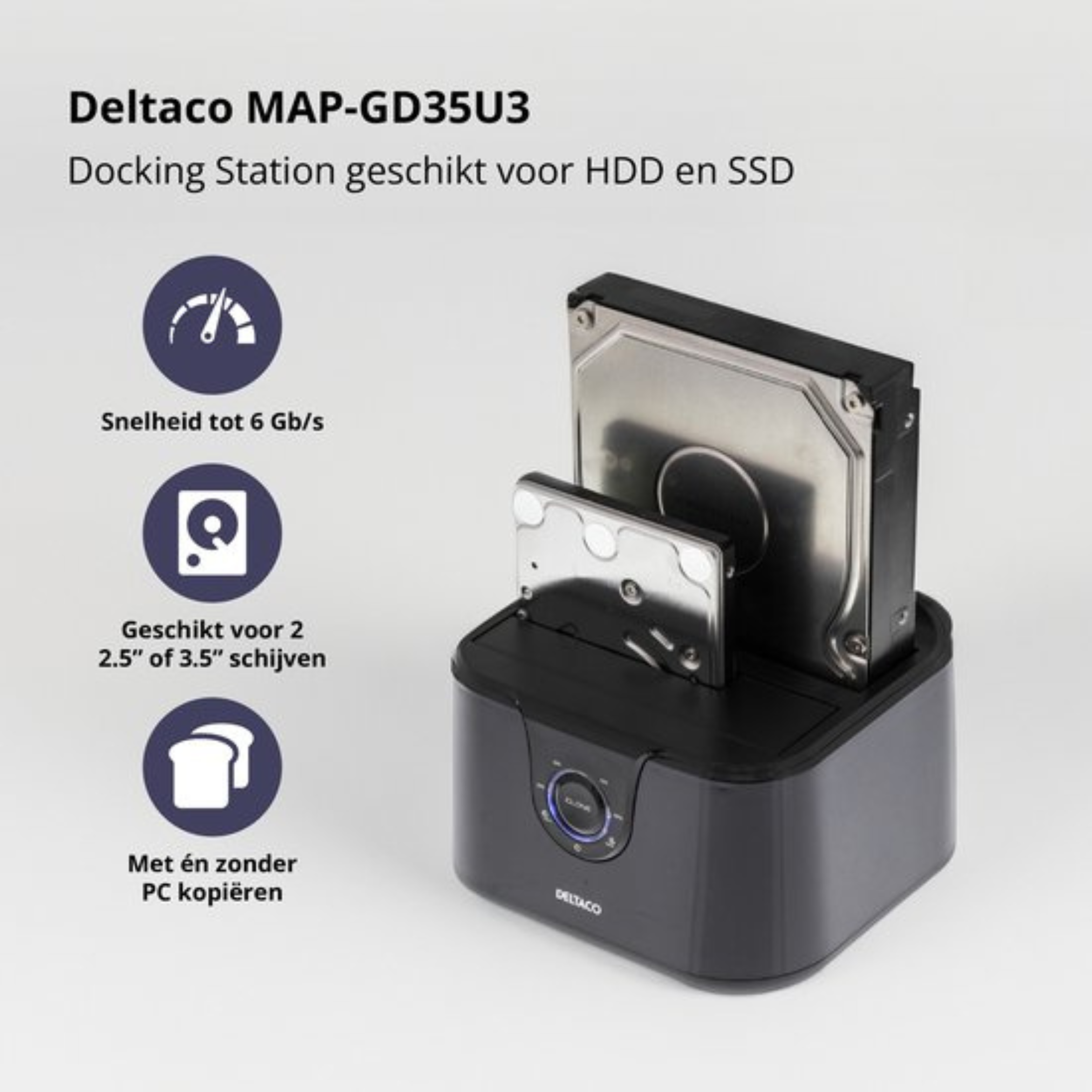 Eine Deltaco-Dockingstation mit zwei eingesetzten HDDs. Text auf dem Gerät zeigt Kompatibilität mit HDD und SSD.