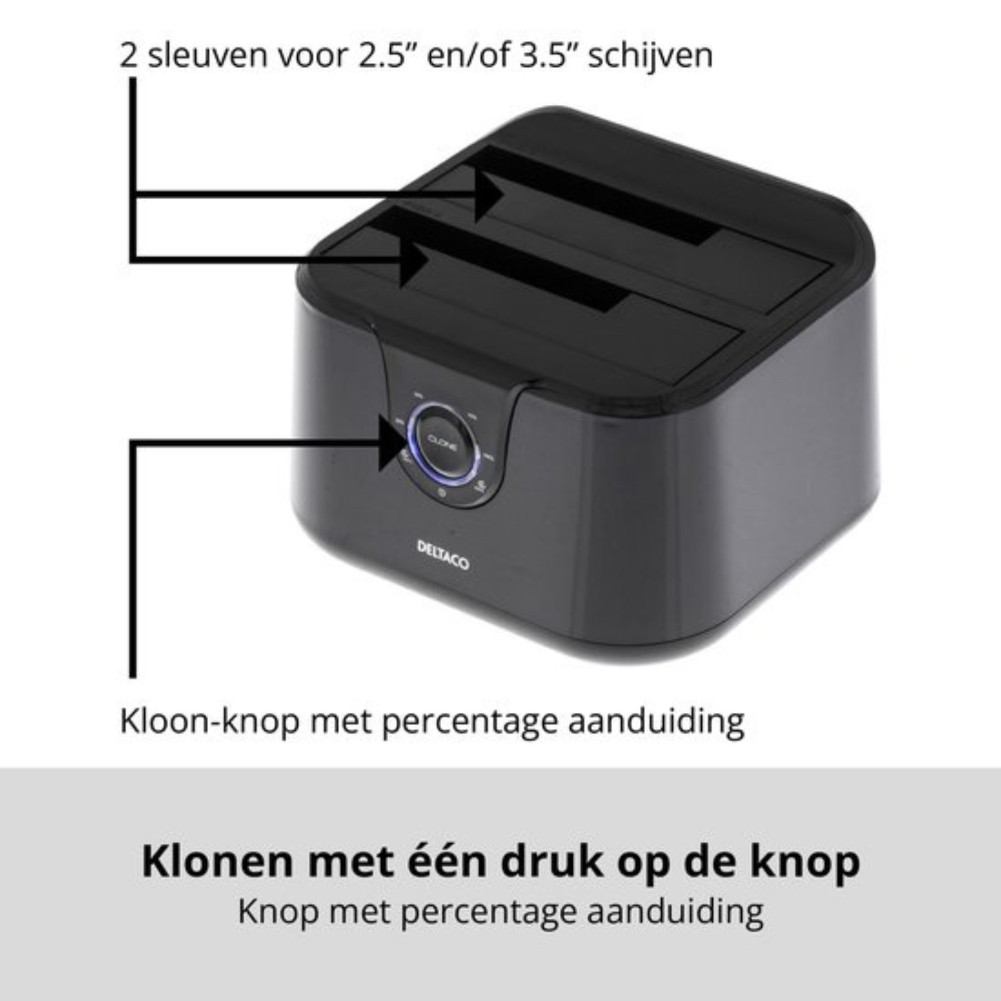 Schwarze Festplatten-Dockingstation mit zwei gekennzeichneten Steckplätzen. Sie hat eine Klon-Taste und den Markennamen DELTACO.