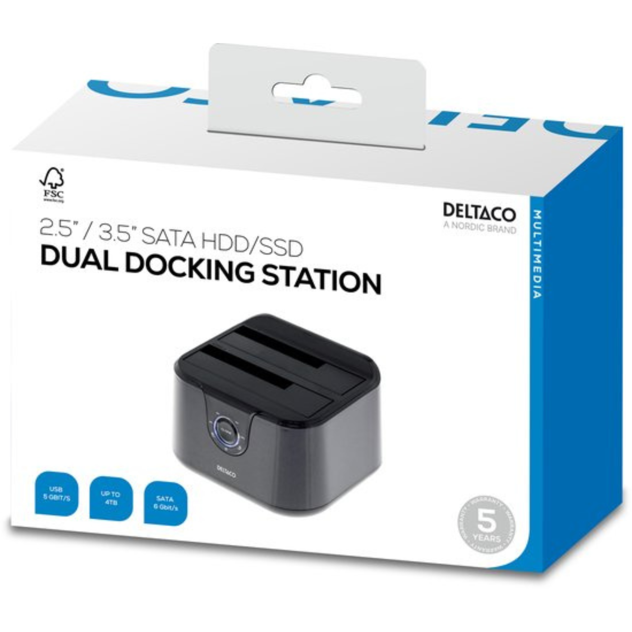 Eine Deltaco Dual Docking Station Box. Sie zeigt das Produkt und seine Funktionen. Die Box ist weiß und blau.