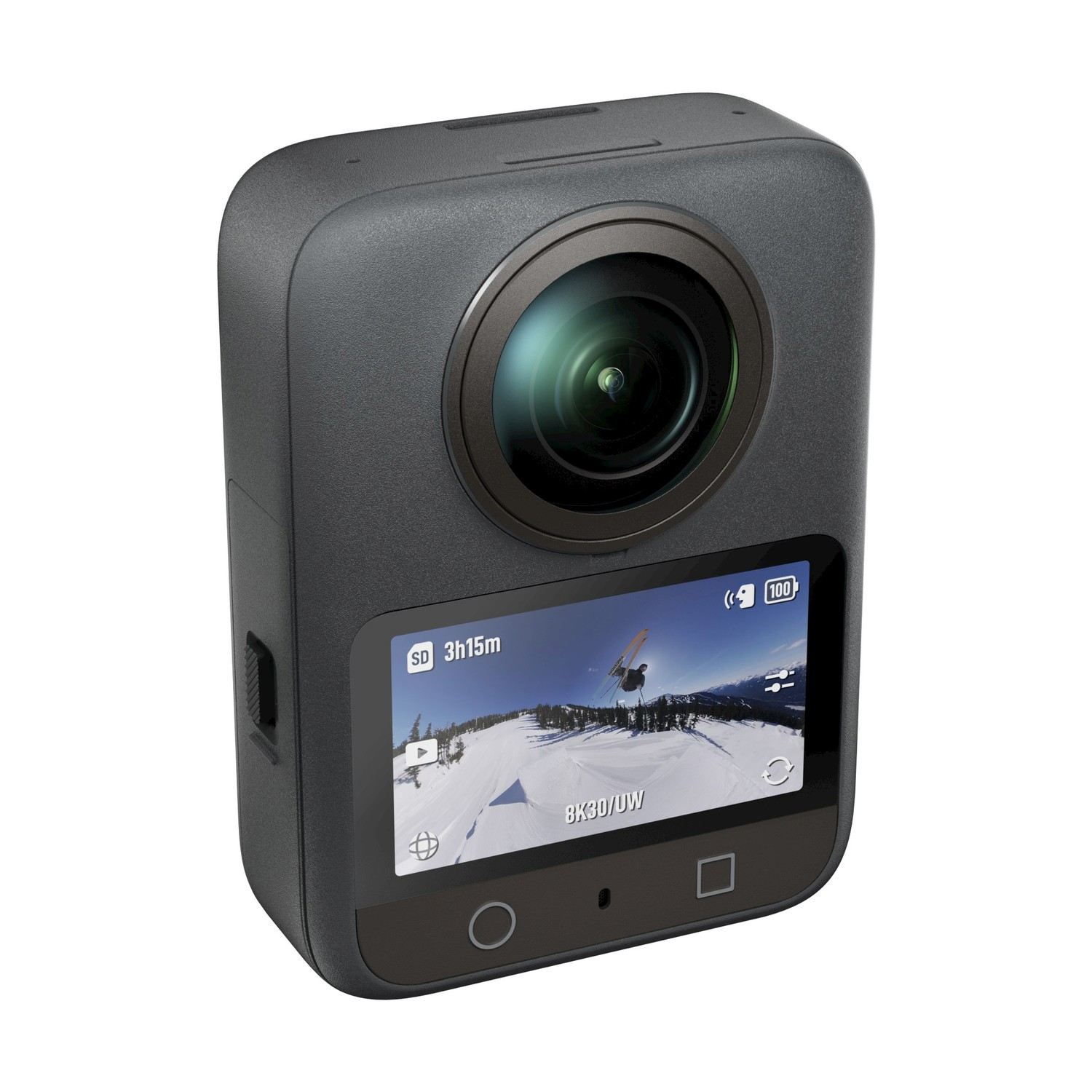 Ciemnoszara kamera sportowa pokazuje narciarza na zaśnieżonym stoku. Ma obiektyw, ekran i przyciski, o zaokrąglonym prostokątnym kształcie.