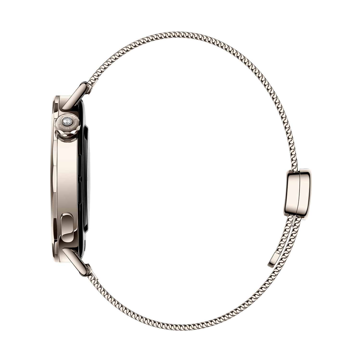 Widok z boku złotego smartwatcha z siateczkowym paskiem. Tarcza zegarka jest czarna. Tło jest białe.