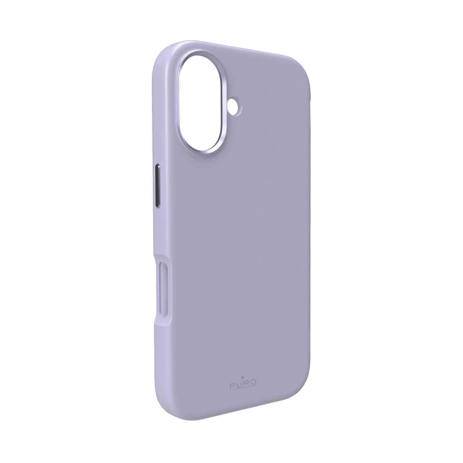 Una funda de teléfono morada clara con recorte para cámara y botones laterales. La marca 'PURO' es visible abajo.