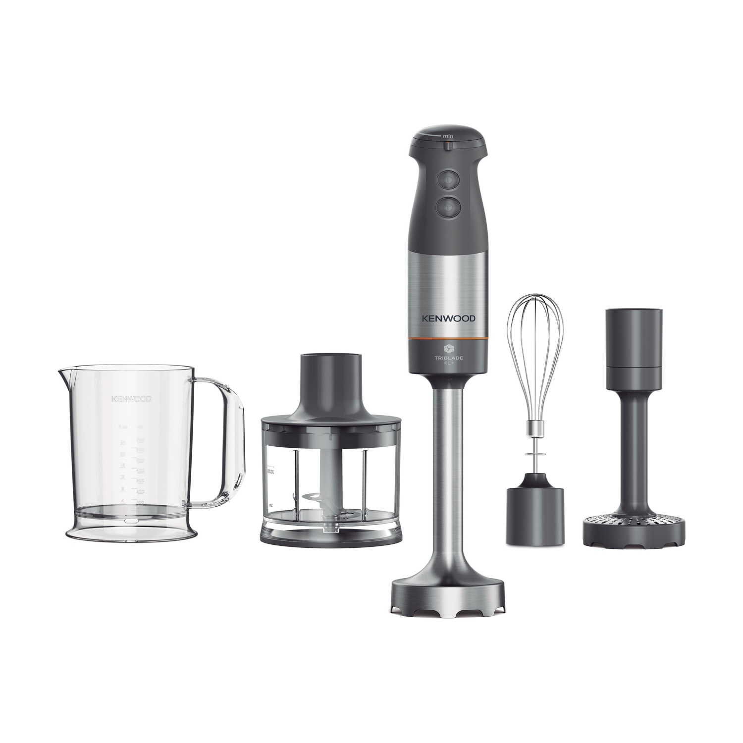 Blender ręczny Kenwood Triblade z akcesoriami: kubek, rozdrabniacz, trzepaczka i dwie głowice. Wszystko na białym tle.