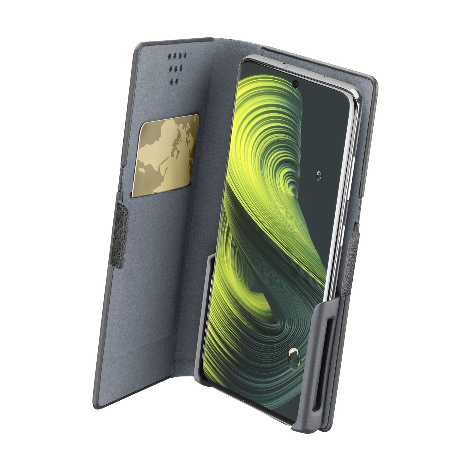 Ein Smartphone in einer grauen Hülle, geöffnet, um den Bildschirm freizulegen. Eine goldene Karte ist im Inneren zu sehen, der Bildschirm zeigt einen grünen Wirbel.