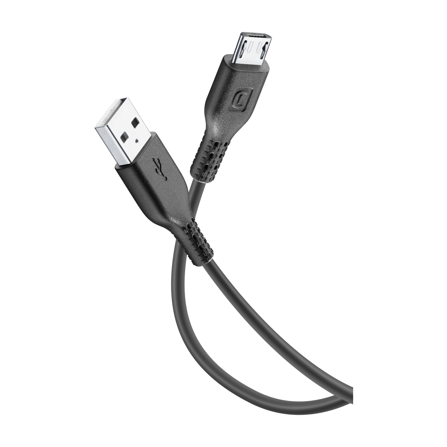 A black USB cable with two connectors. One is a standard USB, the other is a micro USB. The background is white.