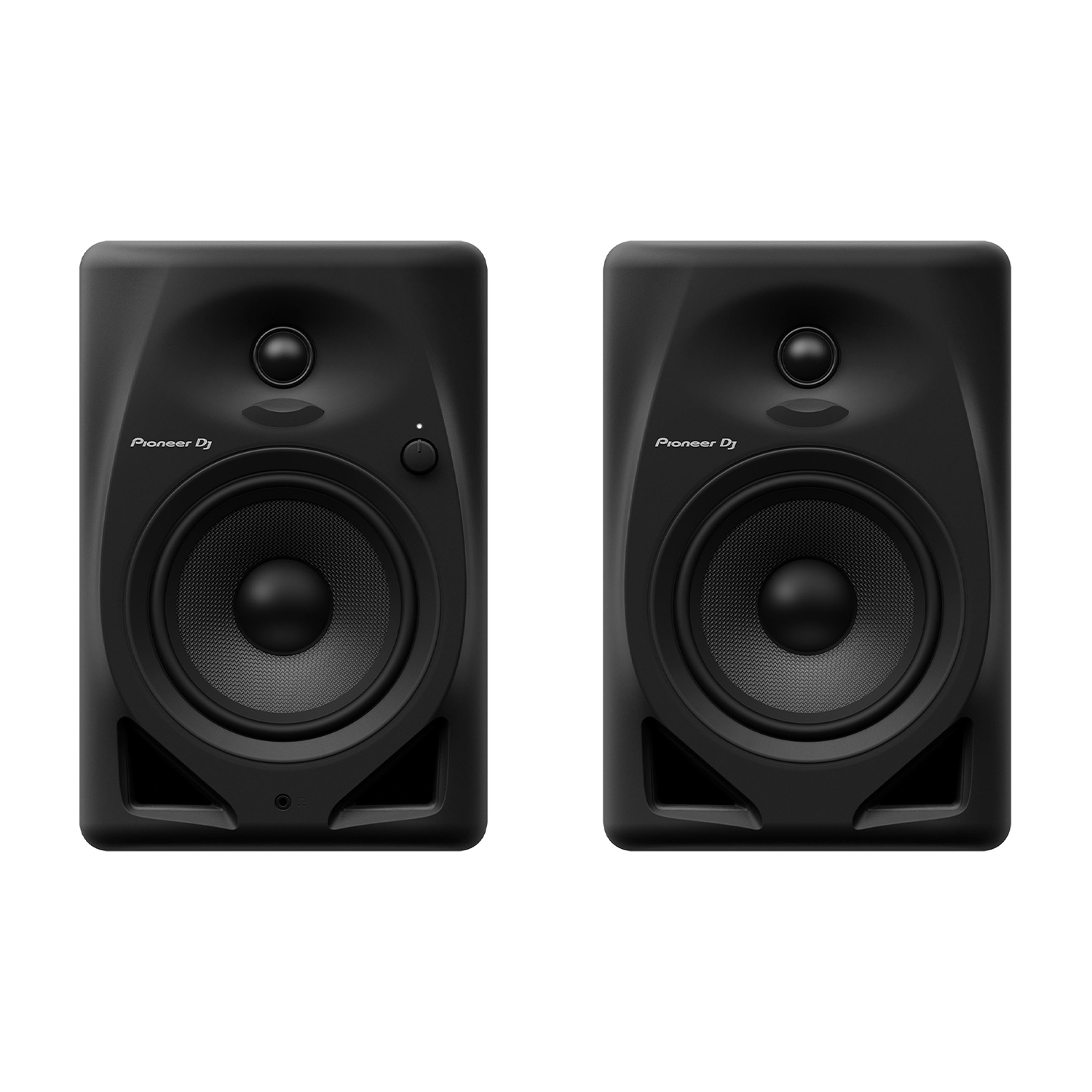 Due altoparlanti Pioneer DJ neri, ciascuno con un cono, un pulsante di accensione e una manopola di controllo, su sfondo bianco.
