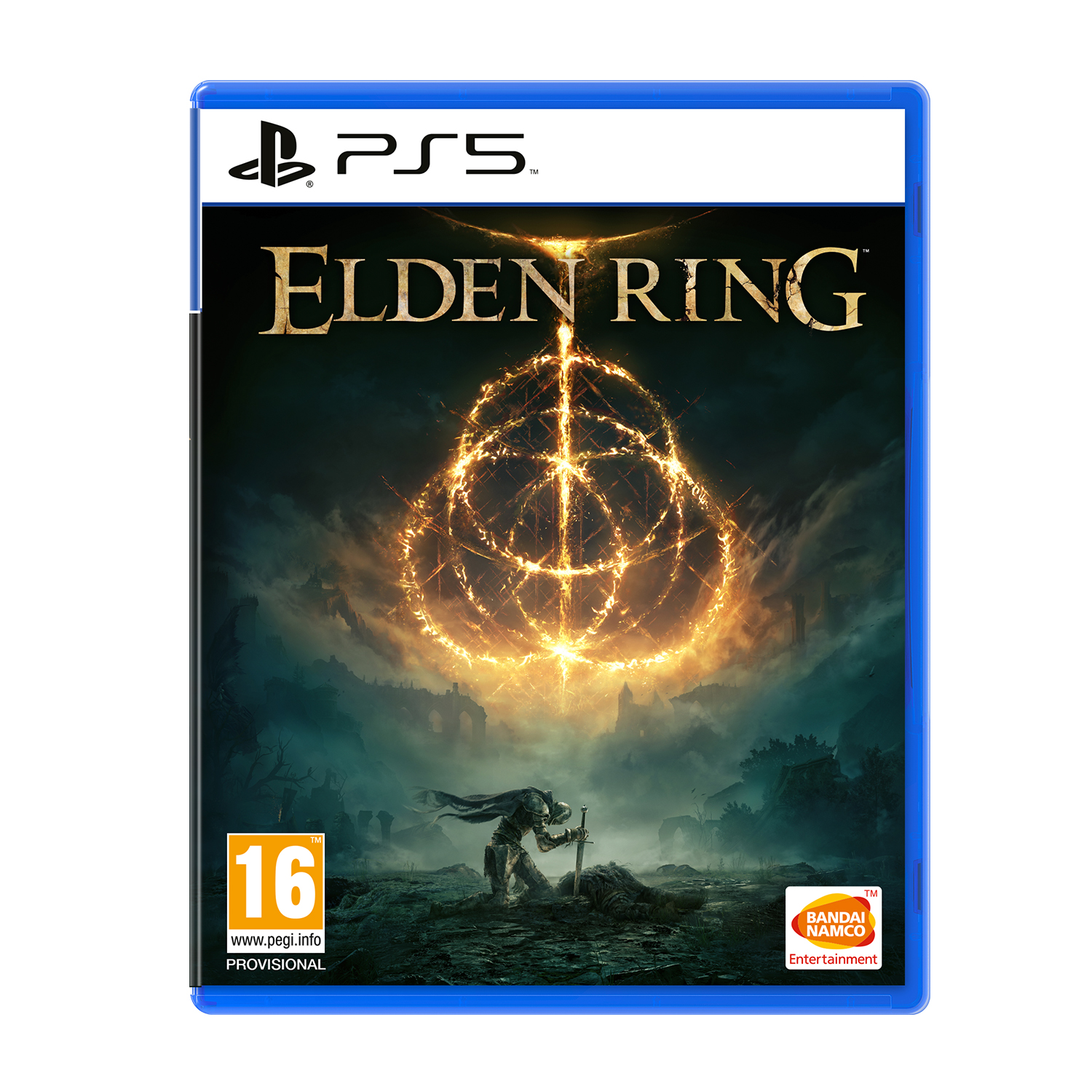 Caja del juego Elden Ring. Un caballero se encuentra ante un anillo de luz dorado. Logotipo de PS5 arriba. Clasificación PEGI 16.