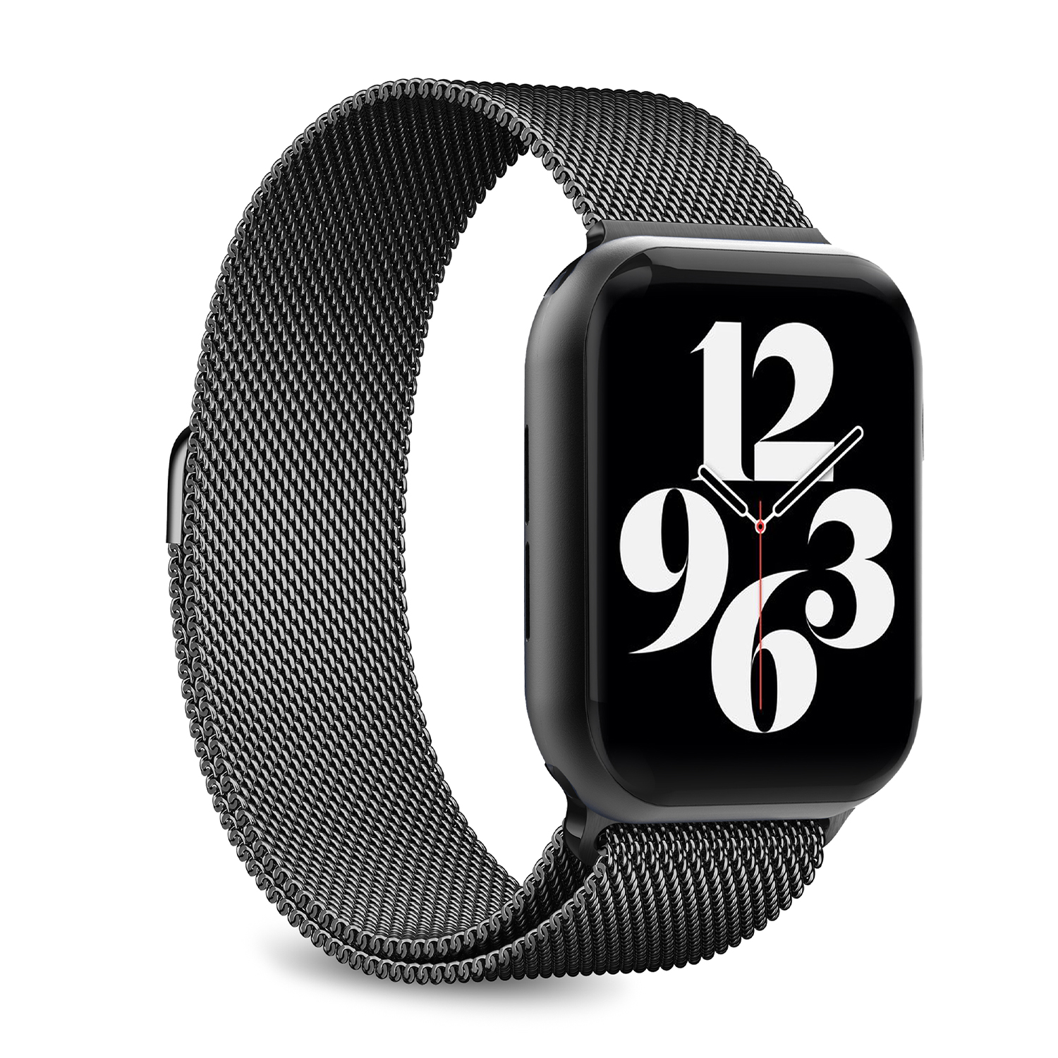 Un Apple Watch negro con una correa de malla. La esfera muestra la hora, 12, 9, 6 y 3. Sobre un fondo blanco.