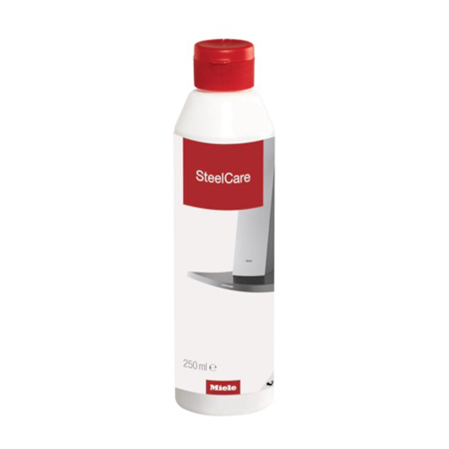 Una bottiglia bianca di SteelCare, con tappo ed etichetta rossi. L'etichetta include il testo 'SteelCare', '250 ml e' e 'Miele'.
