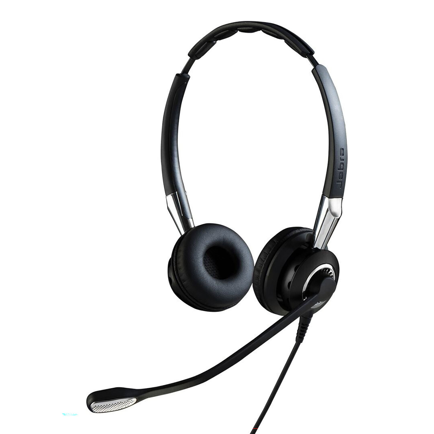 Czarny zestaw słuchawkowy Jabra z mikrofonem. Zestaw słuchawkowy ma wyściełany pałąk i nauszniki. Mikrofon jest wysunięty z nausznika.