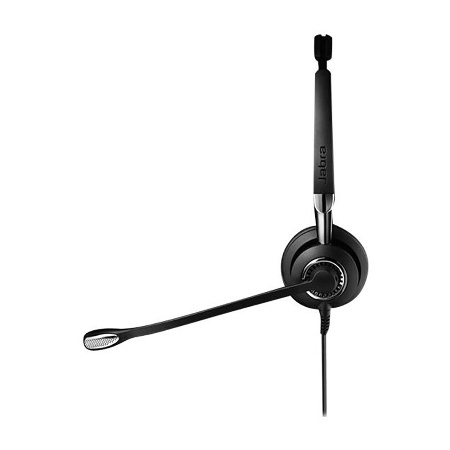 Czarny zestaw słuchawkowy Jabra z mikrofonem. Zestaw słuchawkowy ma czarną słuchawkę, regulowany pałąk i elastyczny wysięgnik mikrofonu.