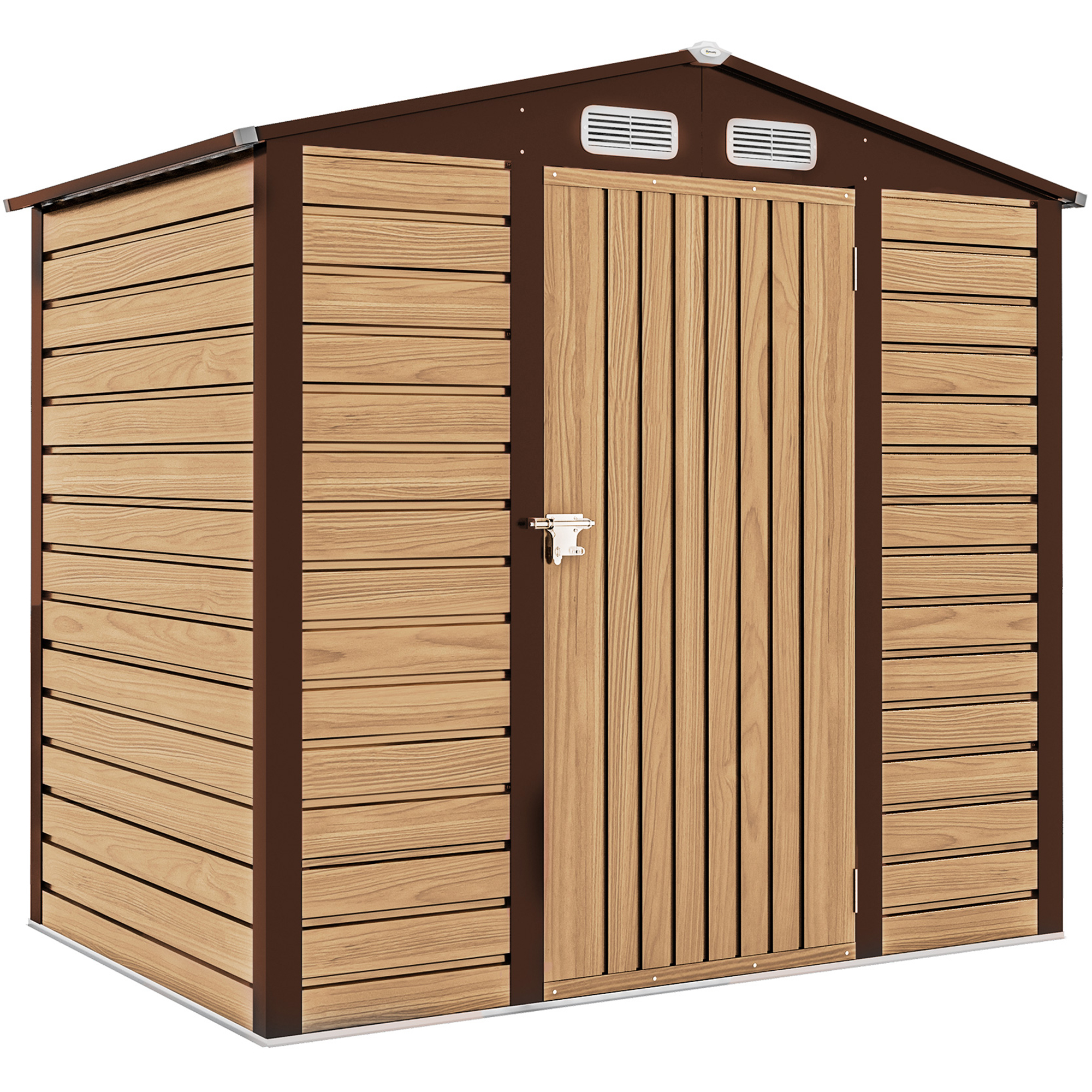 Un capannone in legno con tetto e telaio marrone. La porta è al centro, le pareti sono in pannelli di legno.