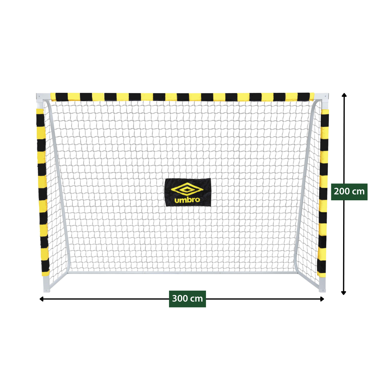 A soccer goal with a white frame and net. Black and yellow stripes on the posts and top bar. An Umbro logo is on the net.