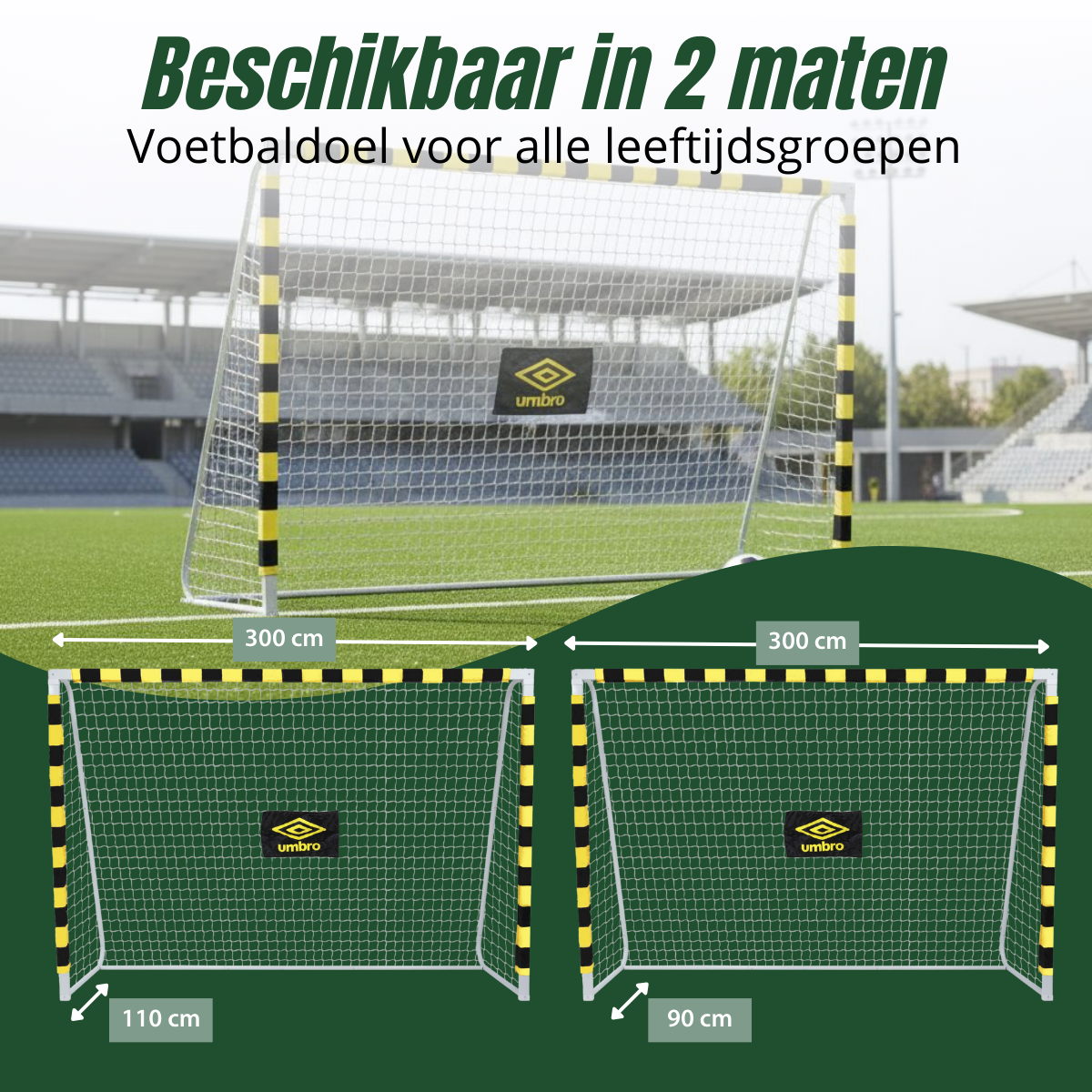 Image shows soccer goals with dimensions. Text says 'Available in 2 sizes'. The goals have black and yellow stripes and the Umbro logo.