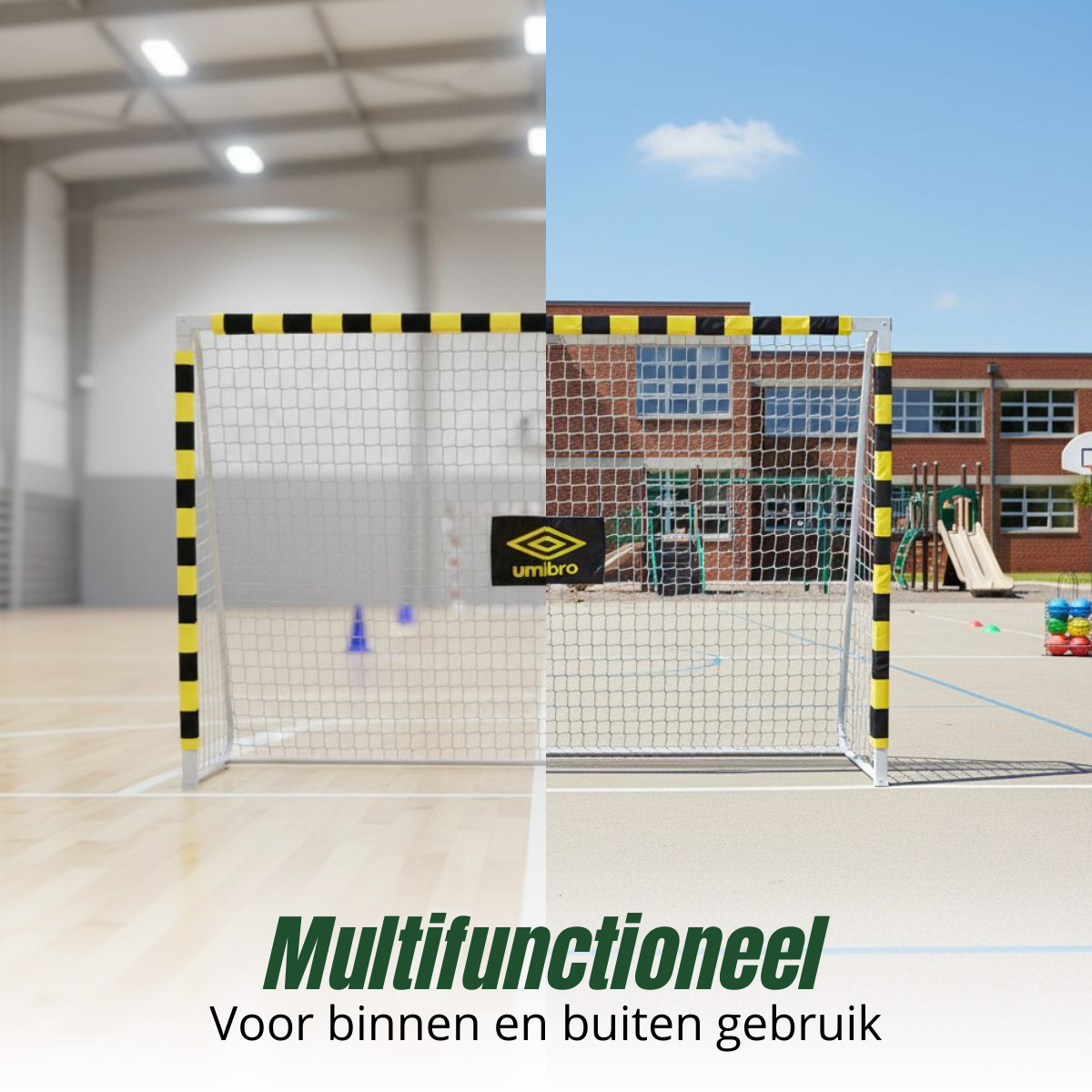 A soccer goal is shown indoors and outdoors. The outdoor view has a school building in the background and a blue sky.