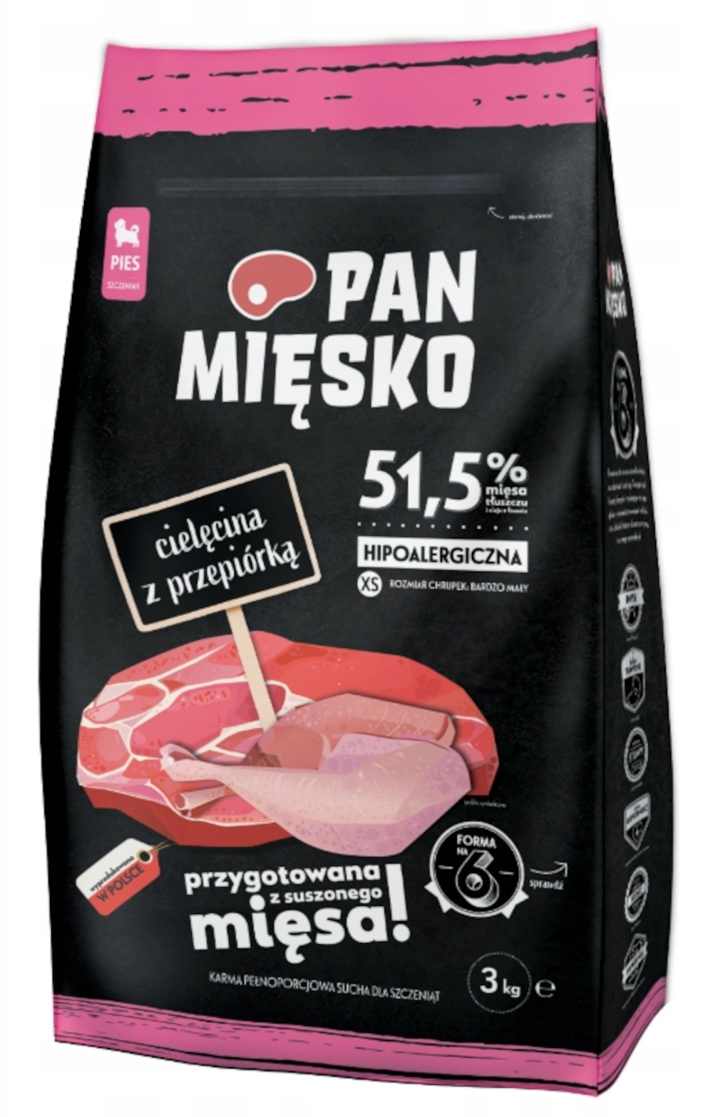 Torba z karmą dla psów. Czarna z różowymi akcentami. Zawiera mięso i przepiórki. Mówi 'Pan Miesko' i '51,5% mięsa'. 3 kg.