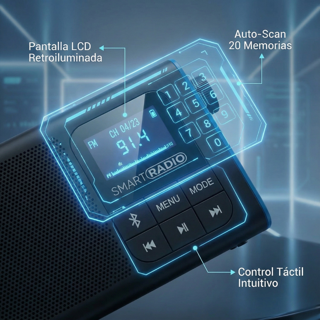 Primer plano de una Smart Radio negra. Tiene una pantalla que muestra '91.4'. Los botones incluyen menú, modo, Bluetooth y teclas numéricas.