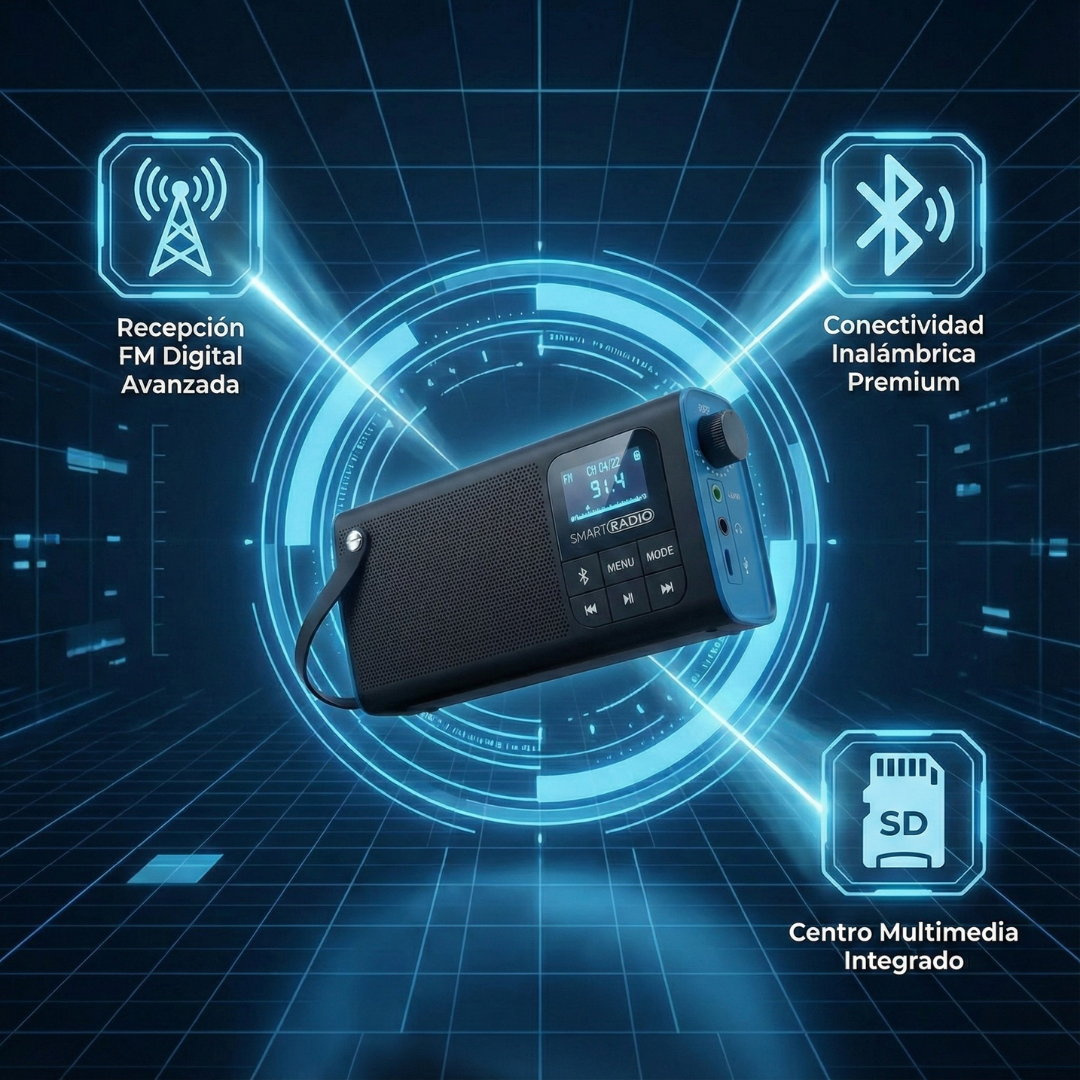 Una SmartRadio negra y azul con funciones como FM, Bluetooth y soporte para tarjetas SD. Está sobre un fondo tecnológico azul.