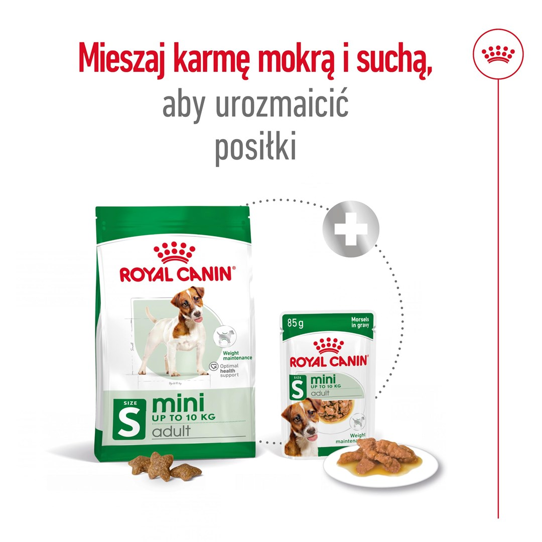 La imagen muestra comida para mascotas Royal Canin. Se muestran una bolsa y una bolsa con un perro en el empaque. También se ve texto en polaco.