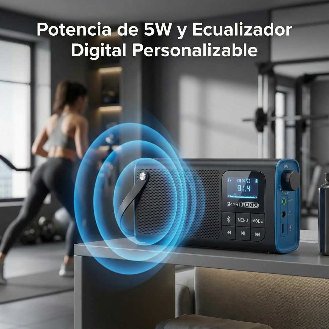 Una radio con pantalla digital está en un estante. Una mujer hace ejercicio en el fondo borroso. La radio tiene un acento azul.