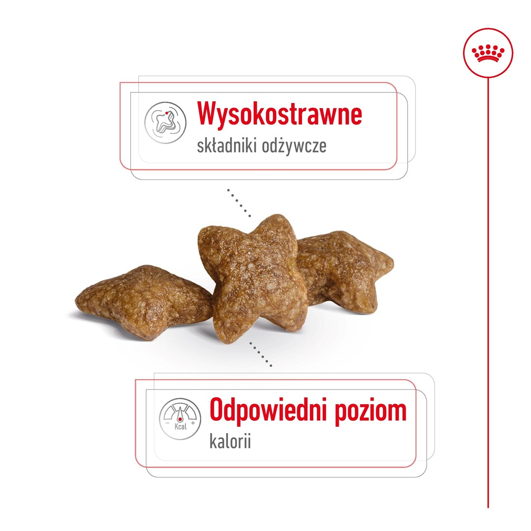 Tres piezas de comida para mascotas en forma de estrella. Texto polaco: Nutrientes altamente digestibles y niveles de calorías apropiados.