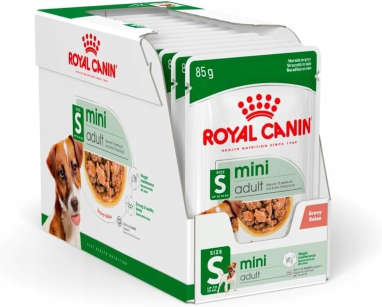 Pudełko z saszetkami karmy dla psów Royal Canin. Pudełko zawiera szczegóły produktu, w tym 'mini adult' oraz ilustrację psa.