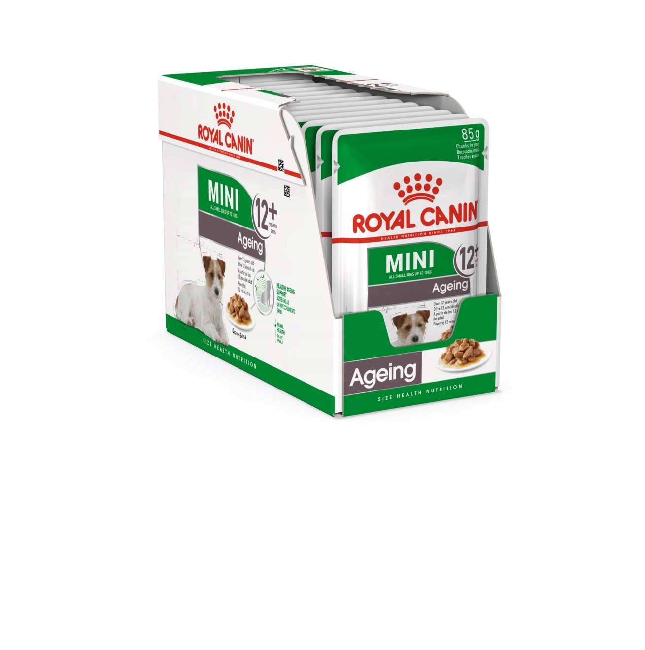 Una caja de comida para perros Royal Canin Mini para perros mayores. Tiene embalaje verde y blanco, con imágenes de un perro y comida.