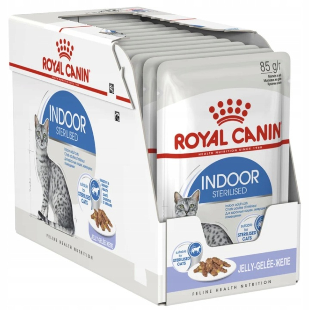 Pudełko karmy dla kotów Royal Canin Indoor, z saszetkami. Ilustracja kota na pudełku. Tekst zawiera 'Indoor Sterilised' i 'Jelly'.